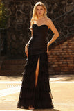 Beaded Black Sweetheart Mermaid Ruched Tiered Ruffle Long Prom Dress