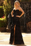 Beaded Black Sweetheart Mermaid Ruched Tiered Ruffle Long Prom Dress