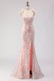 Sparkly Blush Embroidered Sequin Mermaid Long Prom Dress with Slit