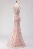 Sparkly Blush Embroidered Sequin Mermaid Long Prom Dress with Slit