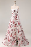 White Red Flower Strapless A Line Corset Long Prom Dress with Slit