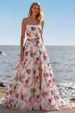 White Red Flower Strapless A Line Corset Long Prom Dress with Slit