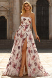 White Red Flower Strapless A Line Corset Long Prom Dress with Slit