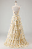 Yellow Blue Flower A Line Strapless Corset Tiered Ruffle Long Prom Dress with Slit