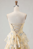 Yellow Blue Flower A Line Strapless Corset Tiered Ruffle Long Prom Dress with Slit