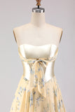 Yellow Blue Flower Strapless A Line Corset Long Prom Dress with Slit