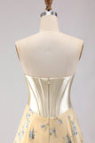 Yellow Blue Flower Strapless A Line Corset Long Prom Dress with Slit