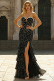 Black White Dot Mermaid Sweetheart Corset Ruffled Long Prom Dress with Slit