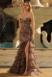 Coffee Leopard Mermaid Sweetheart Ruffled Corset Long Prom Dress with Slit