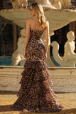 Coffee Leopard Mermaid Sweetheart Ruffled Corset Long Prom Dress with Slit