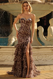 Coffee Leopard Mermaid Sweetheart Ruffled Corset Long Prom Dress with Slit