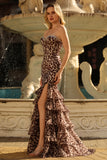Coffee Leopard Mermaid Sweetheart Ruffled Corset Long Prom Dress with Slit