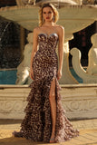 Coffee Leopard Mermaid Sweetheart Ruffled Corset Long Prom Dress with Slit