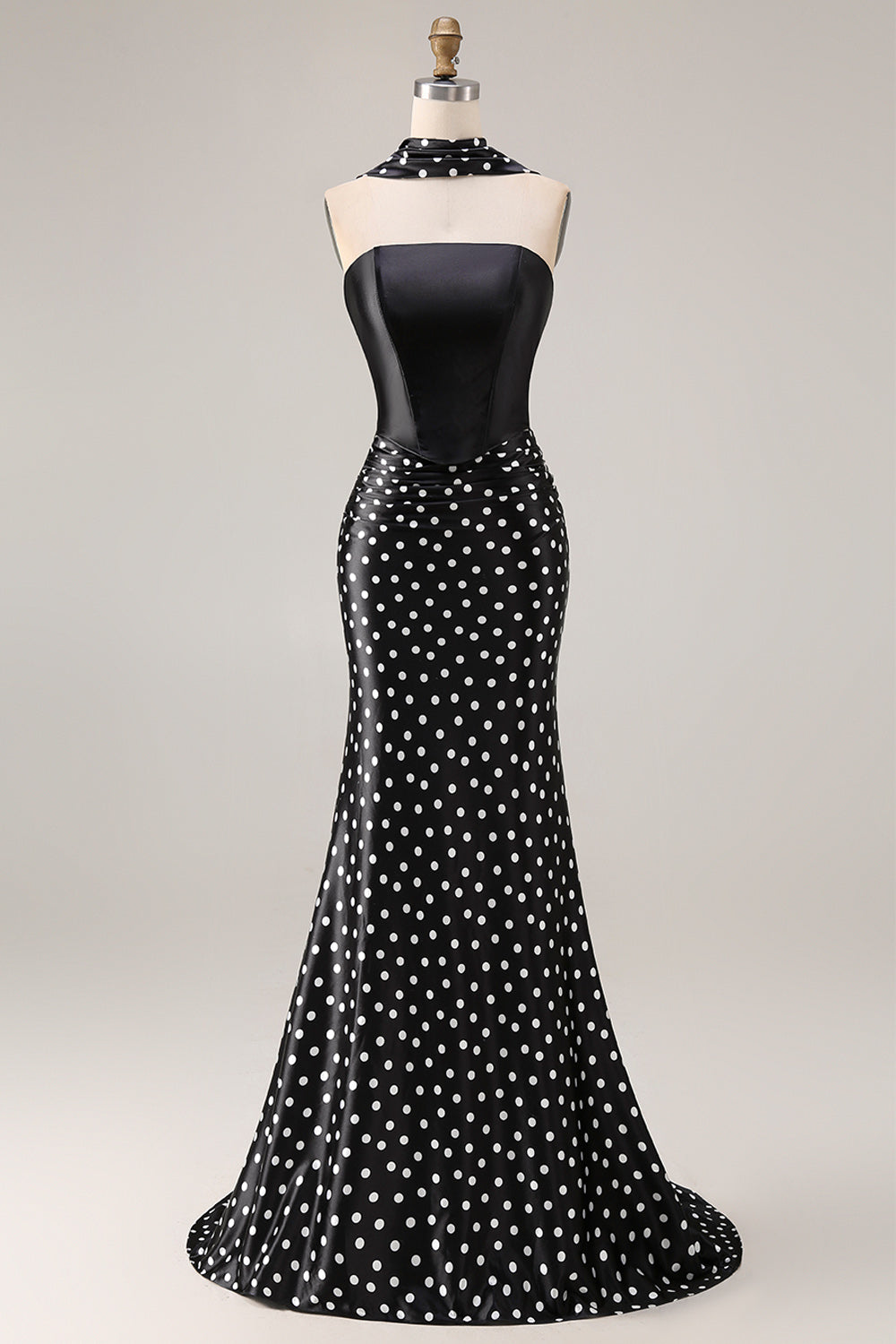 WEDTREND Women Black White Polka Dot Prom Dress Mermaid Satin Long Formal Dress with Lace Up Back, Black White Dot / US18W
