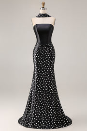 Black White Polka Dot Satin Mermaid Long Prom Dress