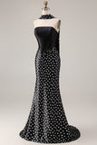 Black White Polka Dot Satin Mermaid Long Prom Dress