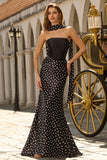 Black White Dot Mermaid Satin Long Prom Dress