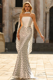 White Black Polka Dot Mermaid Satin Strapless Long Prom Dress with Sash