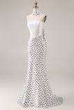 Black White Polka Dot Satin Mermaid Long Prom Dress