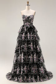 Black Pink Flower Strapless A Line Sequin Tiered Long Prom Dress with Ruffles