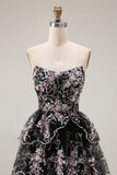 White Pink Flower Strapless A Line Sequin Tiered Long Prom Dress with Ruffles
