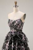 White Pink Flower Strapless A Line Sequin Tiered Long Prom Dress with Ruffles
