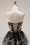 White Pink Flower Strapless A Line Sequin Tiered Long Prom Dress with Ruffles