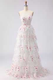 White Pink Flower Strapless A Line Sequin Tiered Long Prom Dress with Ruffles
