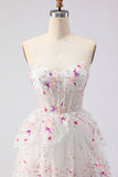 White Pink Flower Strapless A Line Sequin Tiered Long Prom Dress with Ruffles