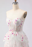 White Pink Flower Strapless A Line Sequin Tiered Long Prom Dress with Ruffles