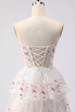 White Pink Flower Strapless A Line Sequin Tiered Long Prom Dress with Ruffles