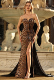 Brown Leopard Mermaid Sweetheart Sequins Bowed Long Prom Dress with Slit