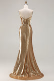 Sparkly Golden Mermaid Strapless Sequins Long Prom Dress with Slit