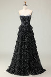 Black and White Corset Tiered A Line Strapless Long Polka Dots Prom Dress with Slit