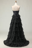 Black and White Corset Tiered A Line Strapless Long Polka Dots Prom Dress with Slit