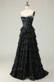 Black and White Corset Tiered A Line Strapless Long Polka Dots Prom Dress with Slit