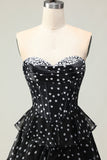 Black and White Corset Tiered A Line Strapless Long Polka Dots Prom Dress with Slit