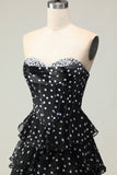 Black and White Corset Tiered A Line Strapless Long Polka Dots Prom Dress with Slit