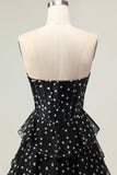 Black and White Corset Tiered A Line Strapless Long Polka Dots Prom Dress with Slit