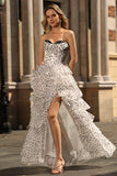 Black and White Corset Tiered A Line Strapless Long Polka Dots Prom Dress with Slit