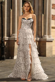 Black and White Corset Tiered A Line Strapless Long Polka Dots Prom Dress with Slit