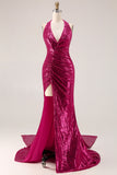 Sparkly Fuchsia Mermaid Halter Sequins Side Slit Long Prom Dress with Streamer