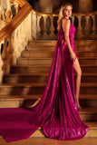 Sparkly Fuchsia Halter Mermaid Sequins Side Slit Long Prom Dress with Streamer