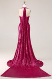 Sparkly Fuchsia Mermaid Halter Sequins Side Slit Long Prom Dress with Streamer