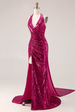 Sparkly Fuchsia Mermaid Halter Sequins Side Slit Long Prom Dress with Streamer
