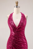 Sparkly Fuchsia Mermaid Halter Sequins Side Slit Long Prom Dress with Streamer
