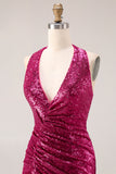 Sparkly Fuchsia Mermaid Halter Sequins Side Slit Long Prom Dress with Streamer