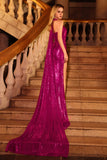 Sparkly Fuchsia Halter Mermaid Sequins Side Slit Long Prom Dress with Streamer