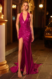 Sparkly Fuchsia Halter Mermaid Sequins Side Slit Long Prom Dress with Streamer