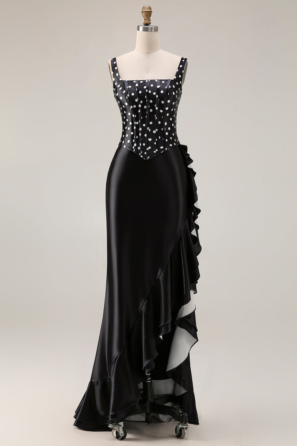 Wedtrend Women Black White Dot Mermaid Prom Dress with Slit Corset Square Neck Satin Party Dress with Ruffles, Black Whit Dot / US8 Wedtrend Women Black White Dot Mermaid Prom Dress with Slit Corset Square Neck Satin Party Dress with Ruffles, Black Whit Dot / US8